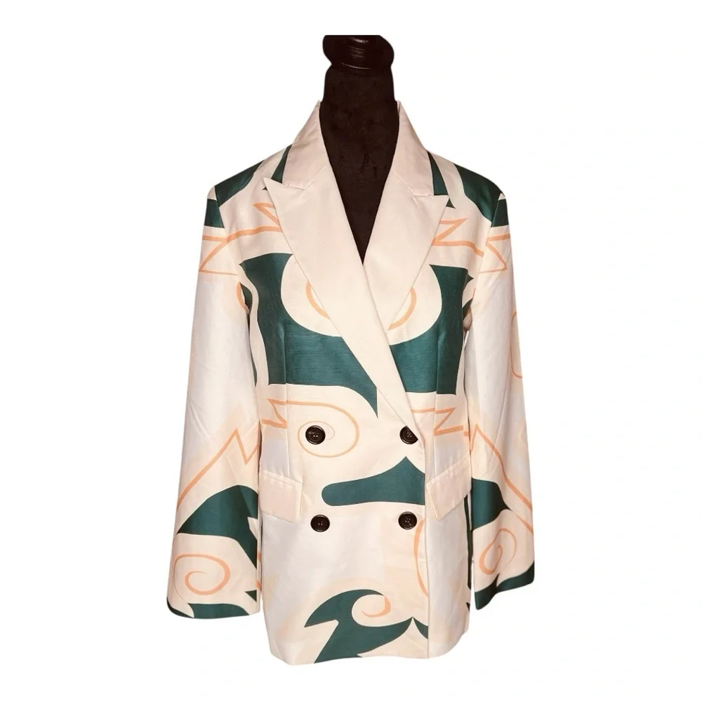 Floret Silk Blend Faille Double Breasted Abstract Bold Print Blazer SZ M - Picture 1 of 8